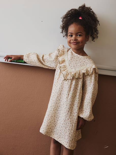 Robe fille gaze de coton imprimée fleurs écru - vertbaudet enfant 