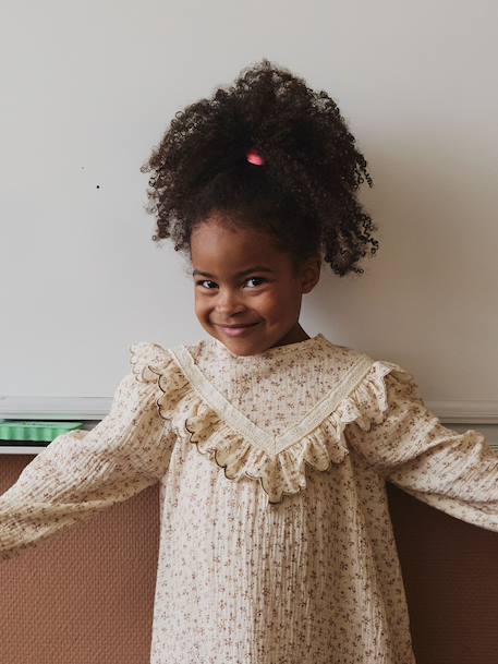 Robe fille gaze de coton imprimée fleurs écru - vertbaudet enfant 