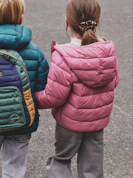 Doudoune fille légère à capuche marine+vert de gris+vieux rose - vertbaudet enfant 