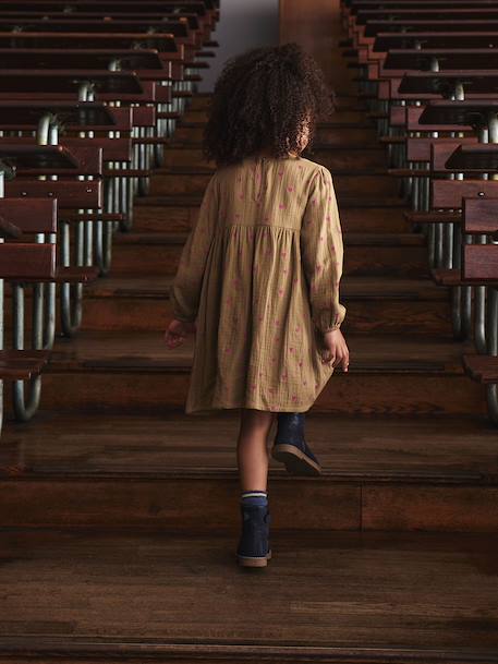 Robe en gaze de coton avec noeuds fantaisie fille écru+olive - vertbaudet enfant 