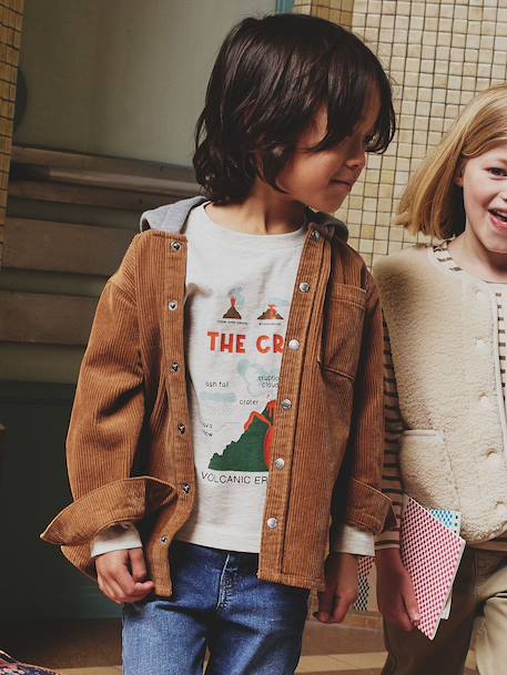 T-shirt manches longues imprimé garçon avec reliefs blanc chiné+noix de pécan - vertbaudet enfant 