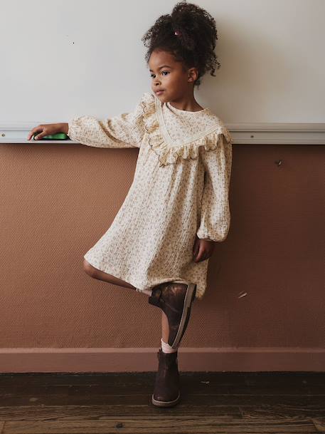 Robe fille gaze de coton imprimée fleurs écru - vertbaudet enfant 