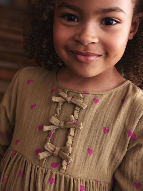 Robe en gaze de coton avec noeuds fantaisie fille écru+olive - vertbaudet enfant 