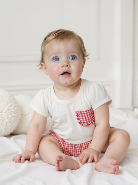 T-shirt met een leuk vichy zakje voor baby's ecru - vertbaudet enfant 