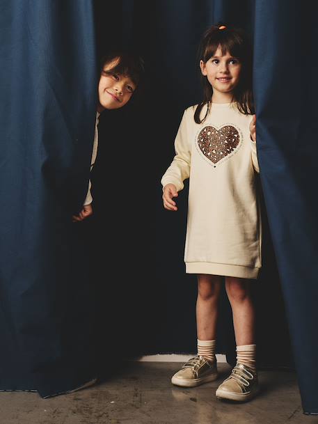 Basics fleece meisjesjurk ecru+marineblauw+saliegroen - vertbaudet enfant 