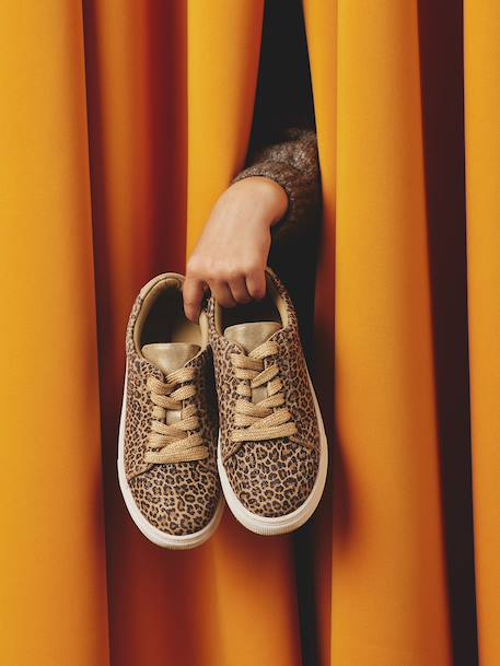 Baskets enfant fille en cuir à lacets beige imprimé+or - vertbaudet enfant 