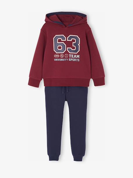 Sportieve set voor jongens met sweater met capuchon en print + effen joggingbroek bordeauxrood+karamel+korstmos+petrolblauw - vertbaudet enfant 
