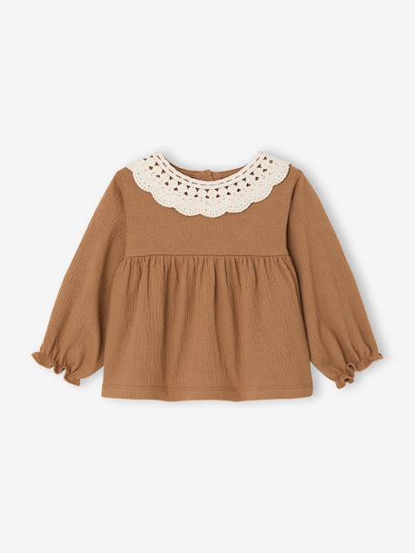 T-shirt baby van gekreukte jersey met gehaakte kraag karamel - vertbaudet enfant 