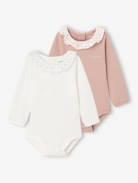 Lot de 2 bodies naissance unis avec col volanté imprimé rose - vertbaudet enfant 