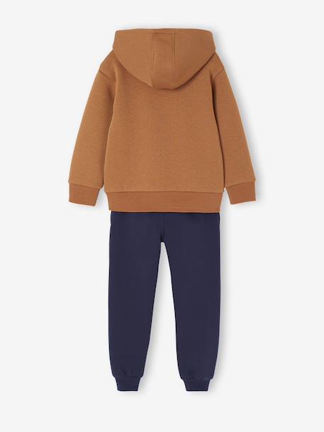 Sportieve set voor jongens met sweater met capuchon en print + effen joggingbroek bordeauxrood+karamel+korstmos+petrolblauw - vertbaudet enfant 