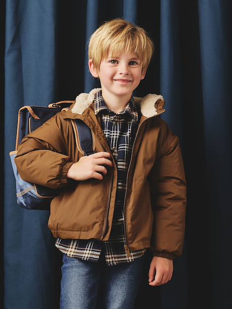 Coupe-vent garçon doublé sherpa à capuche caramel+kaki+marine - vertbaudet enfant 