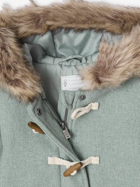 Duffel met capuchon van wol met houtje-touwtjeknopen groengrijs+kameel+rouge - vertbaudet enfant 