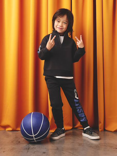 Jongenssweatshirt met truckerskraag en basketbalmotief op de mouw antraciet+hazelnoot - vertbaudet enfant 