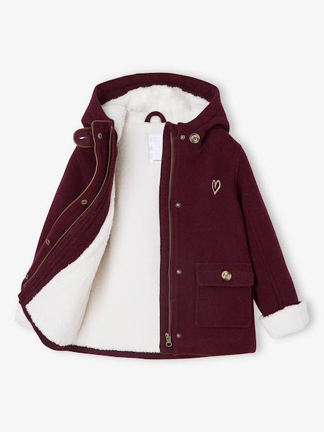 Mantel met capuchon van wol met sherpa voering voor meisjes bordeauxrood+donkergroen+geel+marineblauw - vertbaudet enfant 