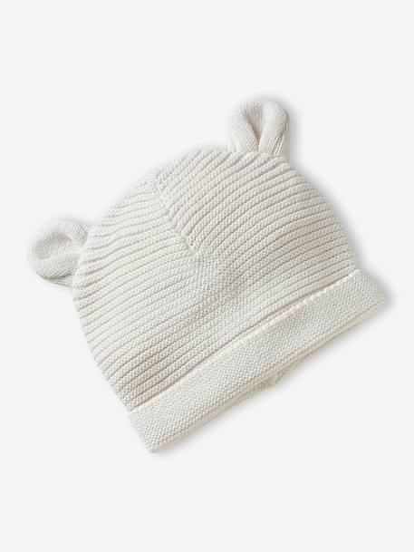 Kit naissance bonnet, moufles et chaussons et son pochon personnalisable beige chiné+écru+rose - vertbaudet enfant 