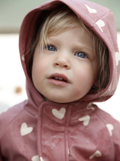 Bedrukte regenjas met capuchon voor baby's, gevoerd met fleece oudroze+vanille - vertbaudet enfant 