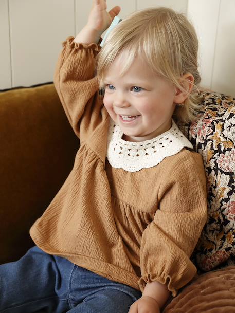 T-shirt baby van gekreukte jersey met gehaakte kraag karamel - vertbaudet enfant 