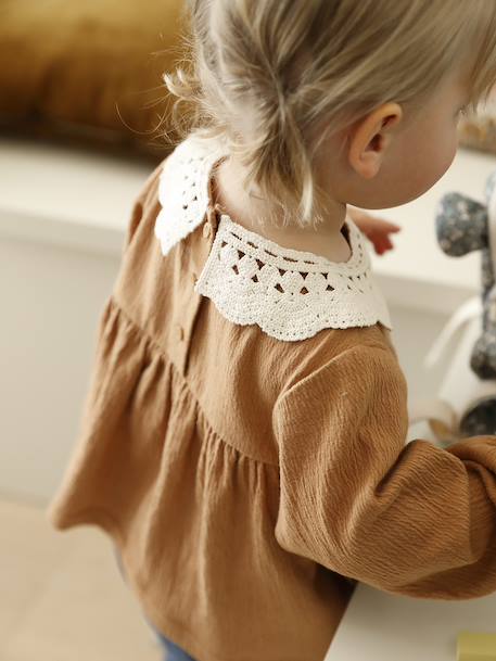 T-shirt baby van gekreukte jersey met gehaakte kraag karamel - vertbaudet enfant 