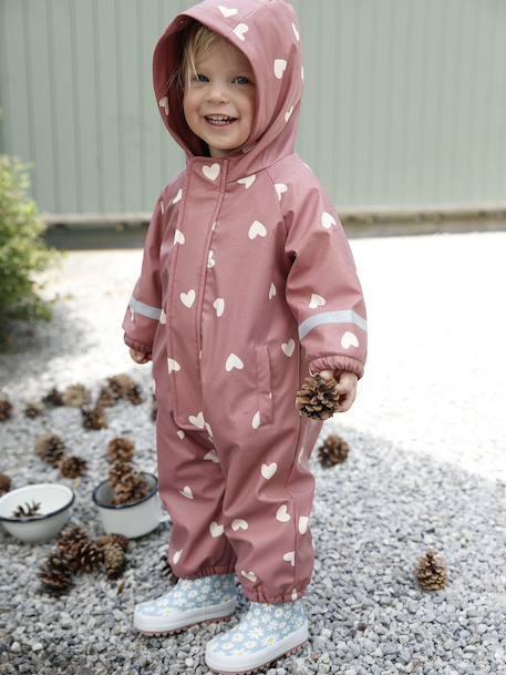 Bedrukte regenjas met capuchon voor baby's, gevoerd met fleece oudroze+vanille - vertbaudet enfant 