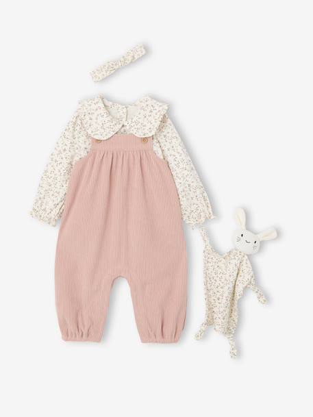 Babypakje T-shirt + salopet + haarband + knuffel roze (poederkleur) - vertbaudet enfant 