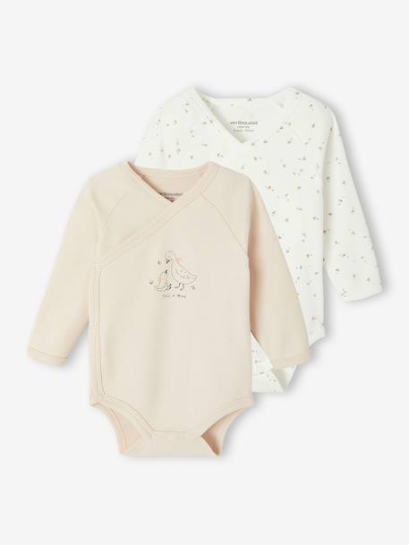 Lot de 2 bodies bébé ouverture naissance manches longues beige+rose+vert d'eau - vertbaudet enfant 