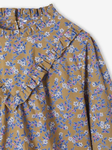 Blouse met hoge kraag met bloemenprint meisjes ecru+olijf - vertbaudet enfant 