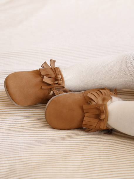 Chaussons élastiqués fourrés en cuir souple bébé lot marron - vertbaudet enfant 