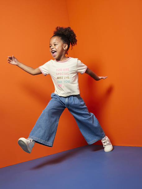 Wijde jeans met plooien voor meisjes denimgrijs+middenblauw - vertbaudet enfant 