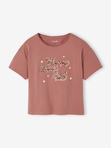 T-shirt animation en sequins réversibles fille manches courtes bois de rose+écru - vertbaudet enfant 