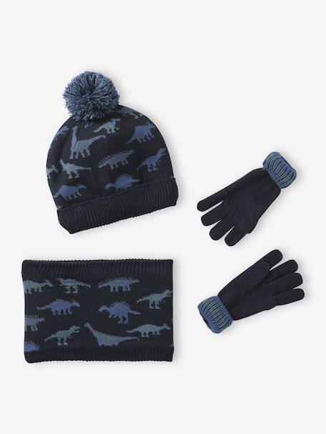 Babyset voor jongens muts + snood + wanten/handschoenen « Dinos » marineblauw - vertbaudet enfant 