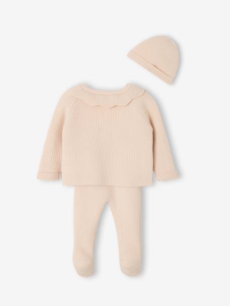 Ensemble naissance 3 pièces en tricot gilet + pantalon + bonnet gris chiné+rose - vertbaudet enfant 
