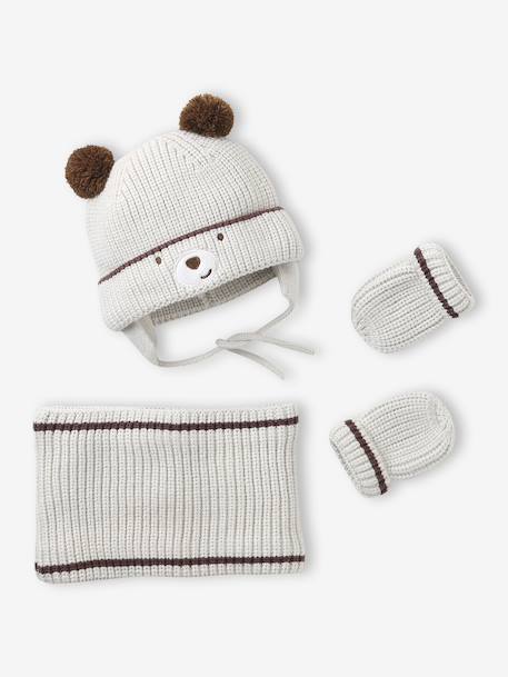 Ensemble bonnet « Ourson », snood et moufles bébé argile - vertbaudet enfant 