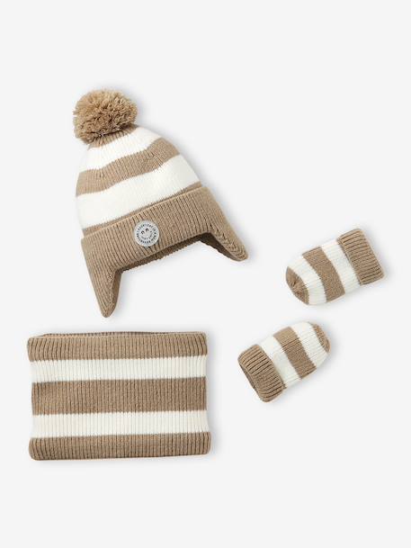 Ensemble rayé bonnet péruvien, snood et moufles bébé rayé beige - vertbaudet enfant 
