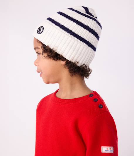 Gestreepte PETIT BATEAU muts voor kinderen van gebreide stof met fleece voering marineblauw - vertbaudet enfant 