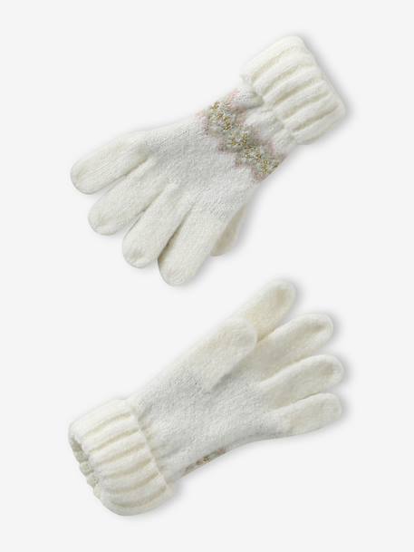 Jacquard babyset muts + snood + wanten/handschoenen voor meisjes ecru+rozen - vertbaudet enfant 