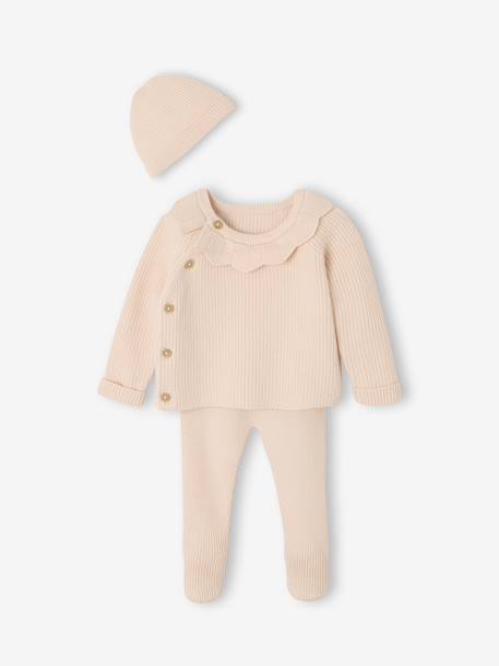 Ensemble naissance 3 pièces en tricot gilet + pantalon + bonnet gris chiné+rose - vertbaudet enfant 