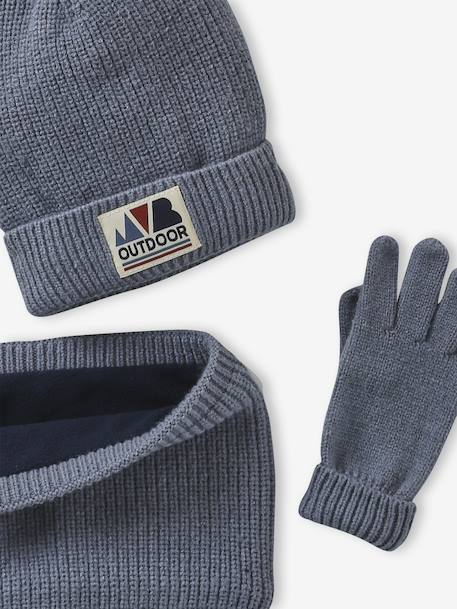 Ensemble garçon bonnet + snood + moufles/gants « Outdoor » bleu grisé+kaki - vertbaudet enfant 