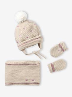 -Ensemble bébé bonnet, snood et moufles coeurs