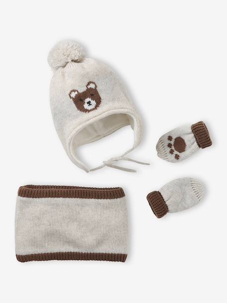 Ensemble Bonnet Péruvien Jacquard Ours Snood et Moufles beige chiné - vertbaudet enfant 