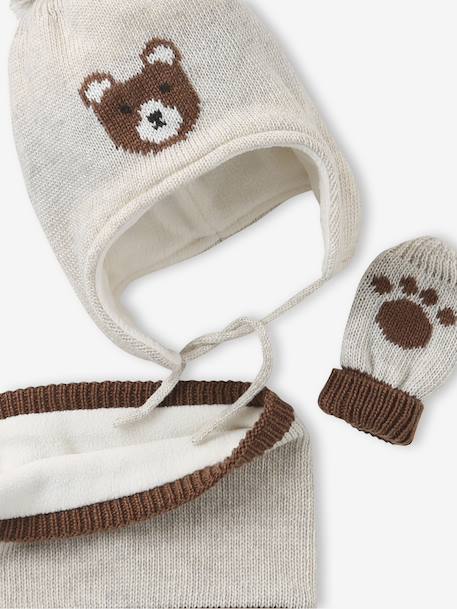 Ensemble Bonnet Péruvien Jacquard Ours Snood et Moufles beige chiné - vertbaudet enfant 