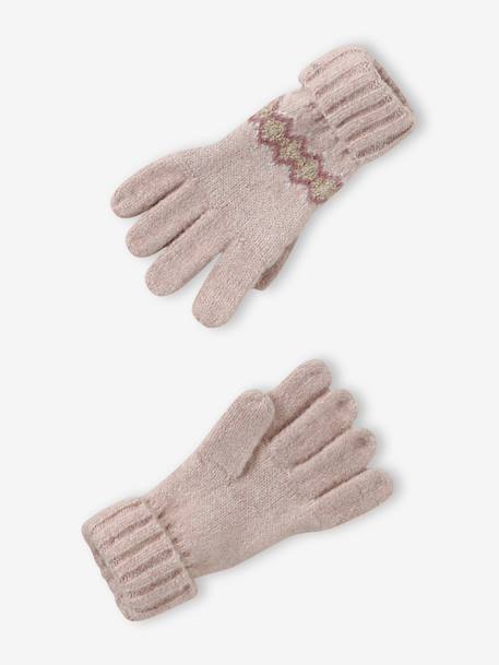 Ensemble jacquard fille bonnet + snood + moufles/gants écru+rose - vertbaudet enfant 