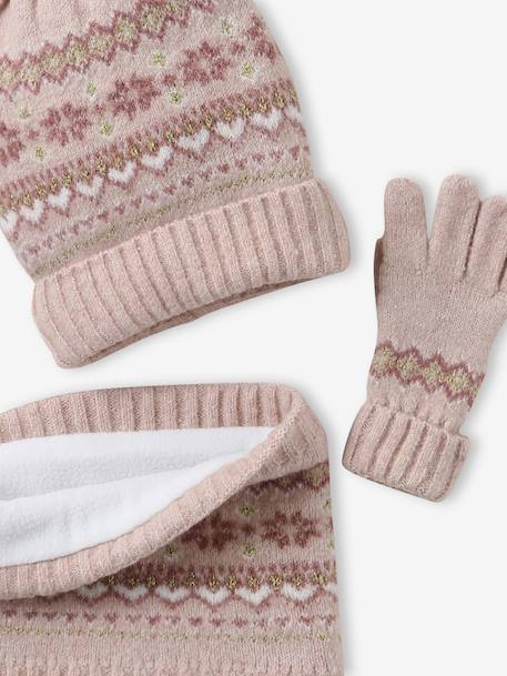 Ensemble jacquard fille bonnet + snood + moufles/gants écru+rose - vertbaudet enfant 