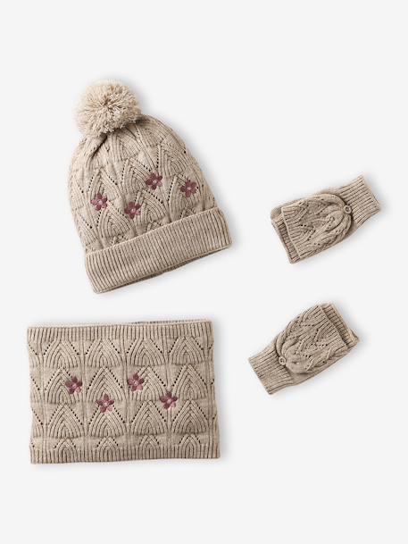 Ensemble brodé fille bonnet + snood + moufles/mitaines en maille ajourée beige doré - vertbaudet enfant 