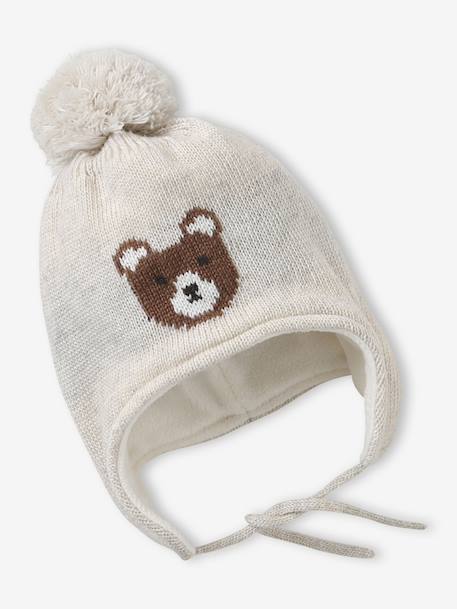 Ensemble Bonnet Péruvien Jacquard Ours Snood et Moufles beige chiné - vertbaudet enfant 
