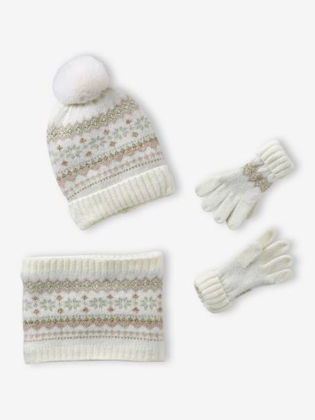 Fille-Accessoires-Ensemble jacquard fille bonnet + snood + moufles/gants