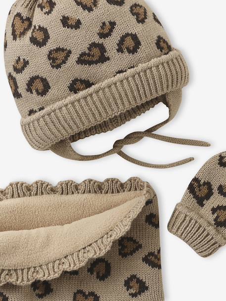 Ensemble léopard coeurs bonnet, snood et moufles bébé taupe - vertbaudet enfant 