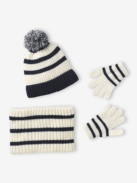 Gestreept babyset voor jongens muts + snood + wanten/handschoenen ecru - vertbaudet enfant 