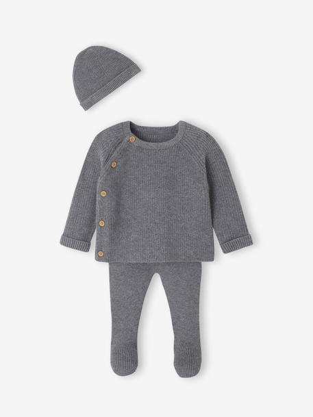 Ensemble naissance 3 pièces en tricot gilet + pantalon + bonnet gris chiné+rose - vertbaudet enfant 