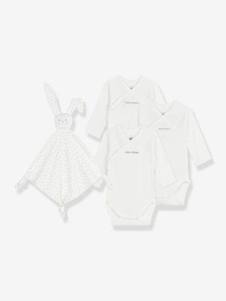Coffret naissance 3 bodies en coton brodé et doudou lapin écru - vertbaudet enfant 