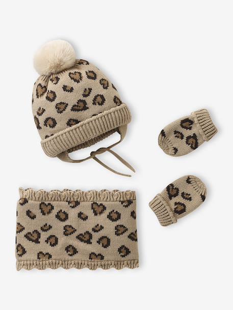 Luipaard set muts, snood en wanten baby taupe - vertbaudet enfant 